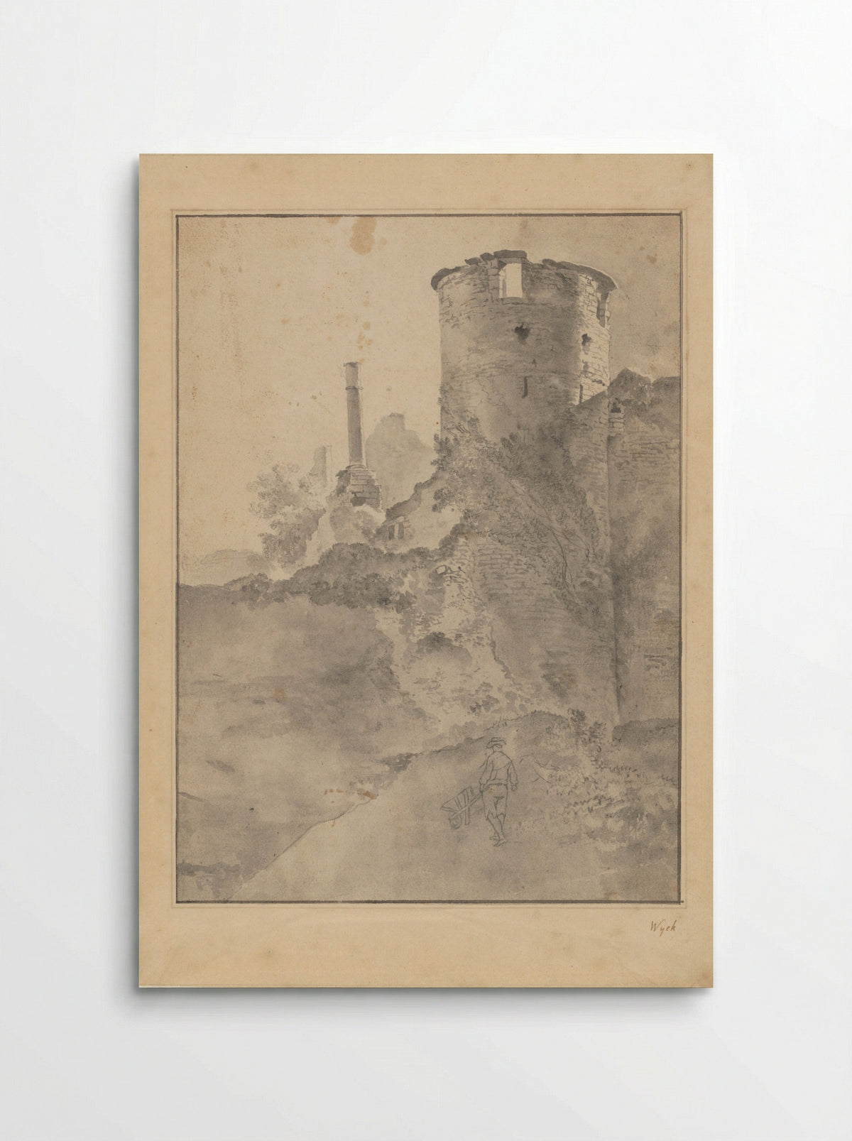 Gezicht op een Italiaanse ronde toren bij een vervallen muur - Jan Lapp - Poster