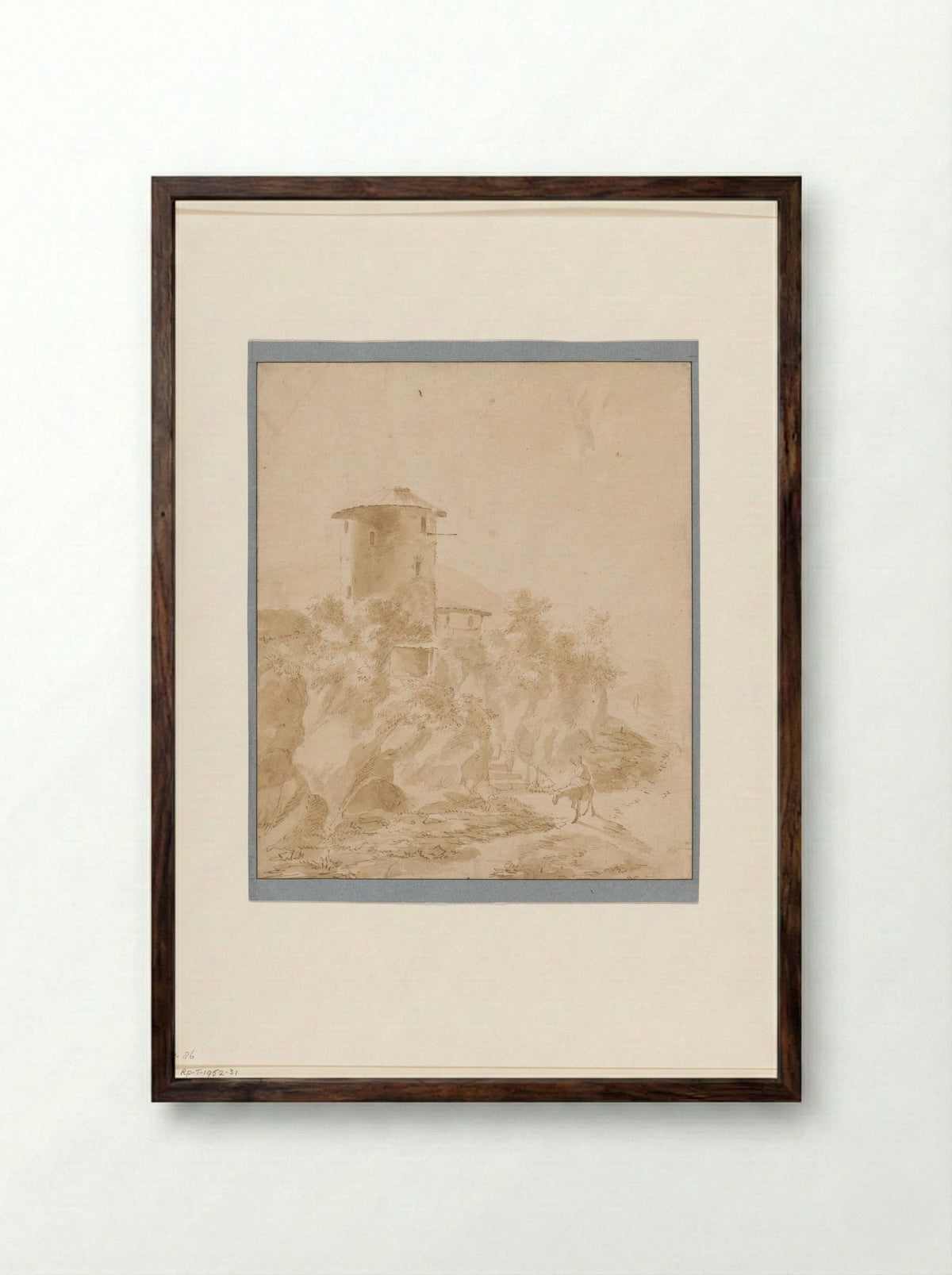 Gezicht op een Italiaanse ronde toren op een rots - Jan Lapp - Framed Print Dark Wood