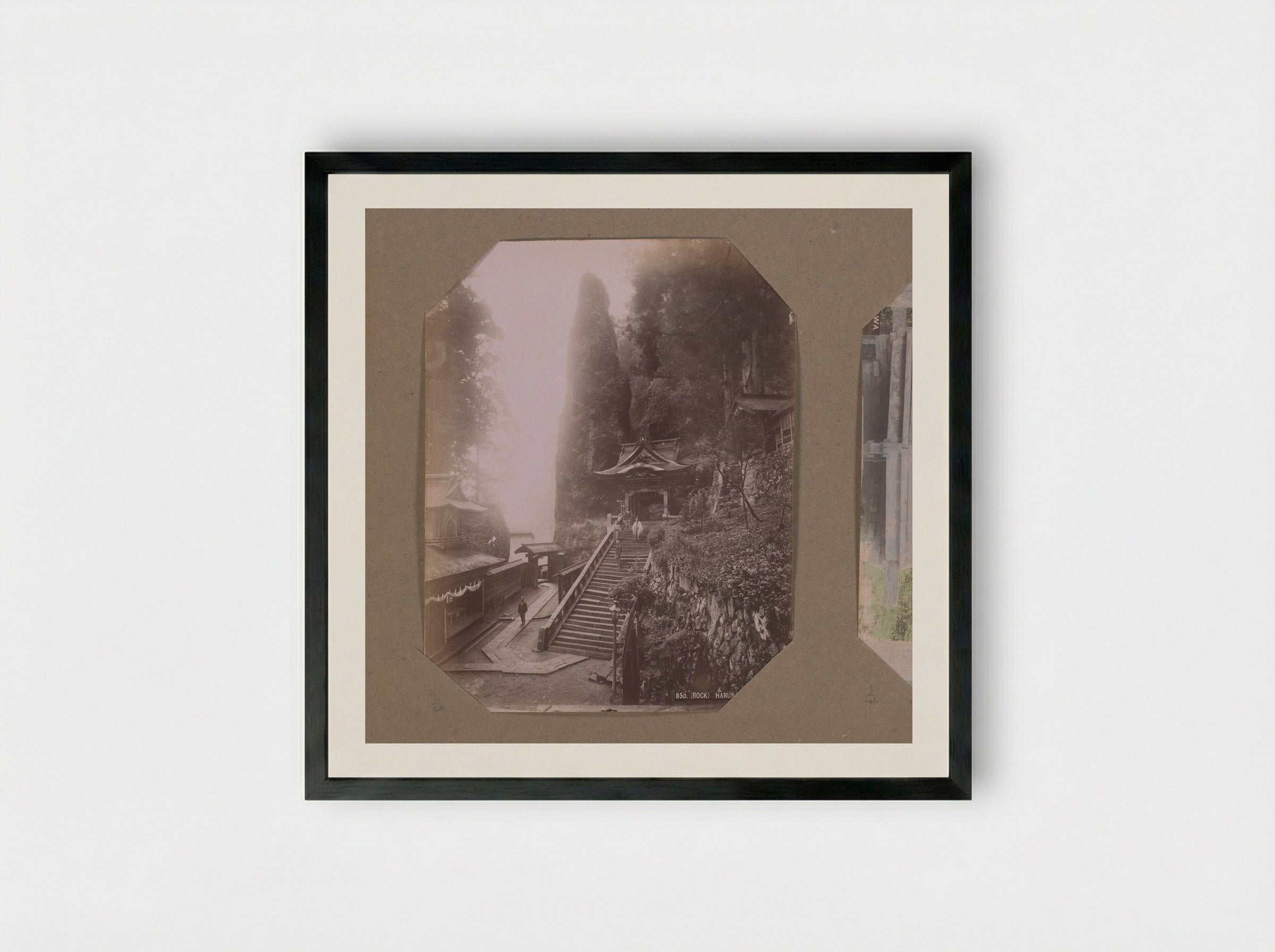 Gezicht op een Shinto tempel en de Hokogatake rots bij Haruna, Japan - Kusakabe Kimbei - Framed Print Black
