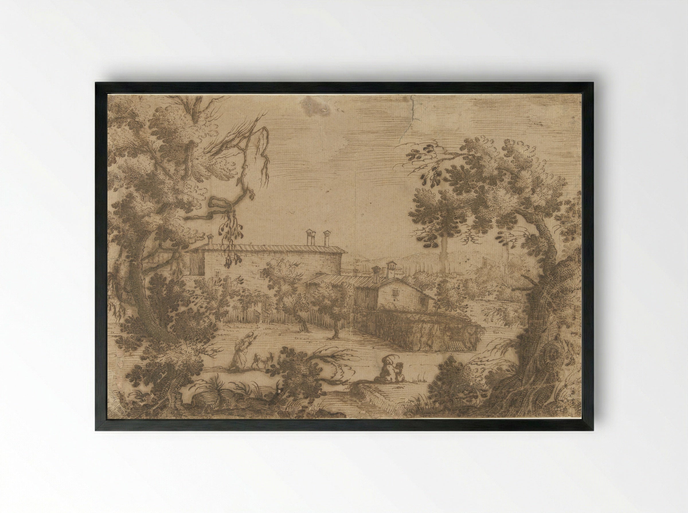 Gezicht op een Toscaans dorp - Remigio Cantagallina - Framed Print Black