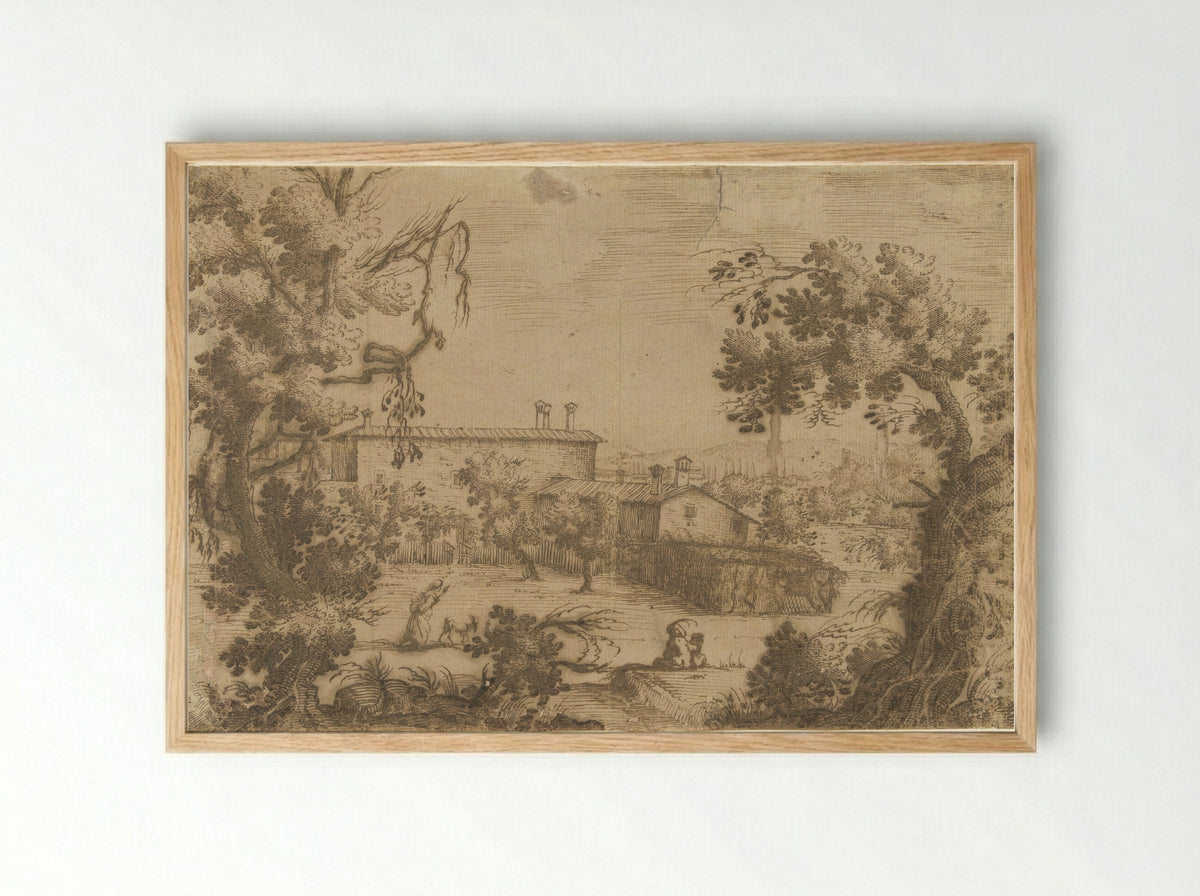 Gezicht op een Toscaans dorp - Remigio Cantagallina - Framed Print Wood