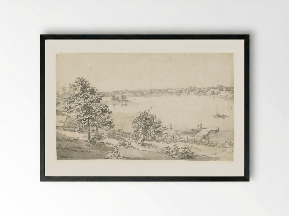 Gezicht op een breed water in de bergen met figuren op de voorgrond - Johan Eric Rehn - Framed Print Black