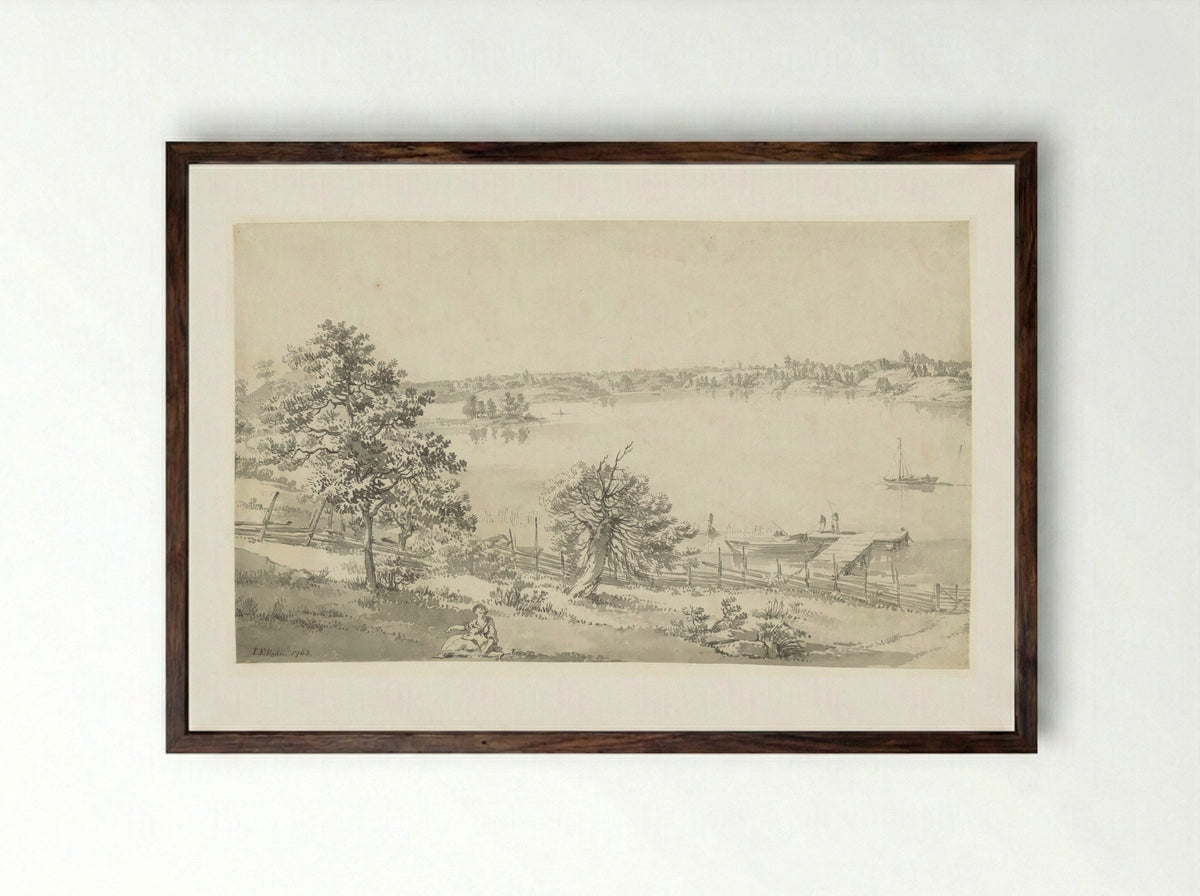 Gezicht op een breed water in de bergen met figuren op de voorgrond - Johan Eric Rehn - Framed Print Dark Wood