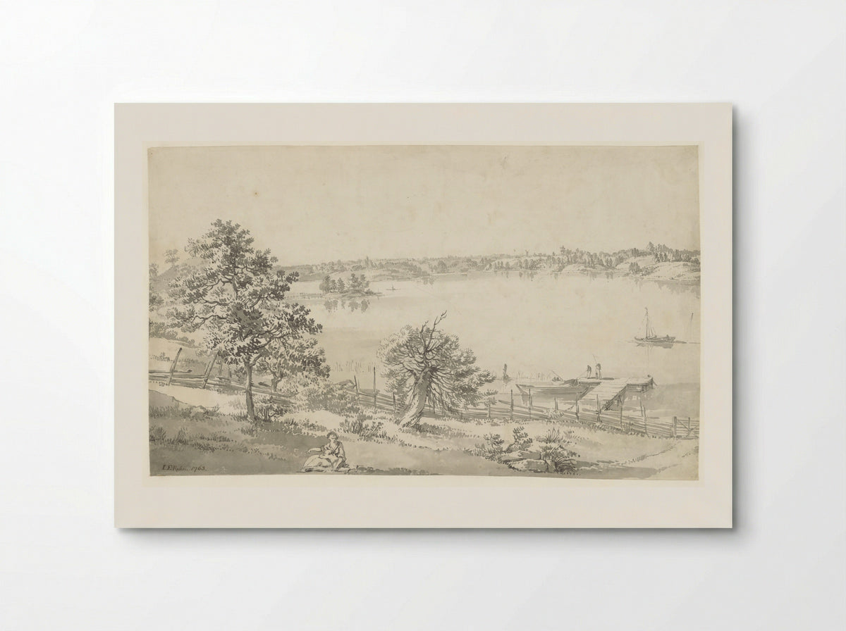 Gezicht op een breed water in de bergen met figuren op de voorgrond - Johan Eric Rehn - Poster