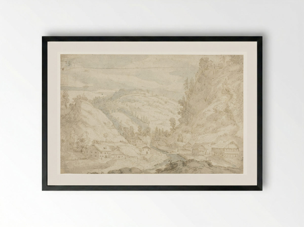 Gezicht op een dal met een dorp en een bergbeekje - Frederik van Valckenborch - Framed Print Black