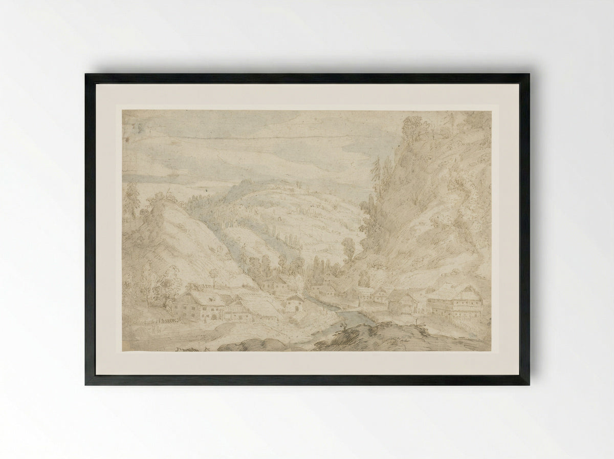 Gezicht op een dal met een dorp en een bergbeekje - Frederik van Valckenborch - Framed Print Black