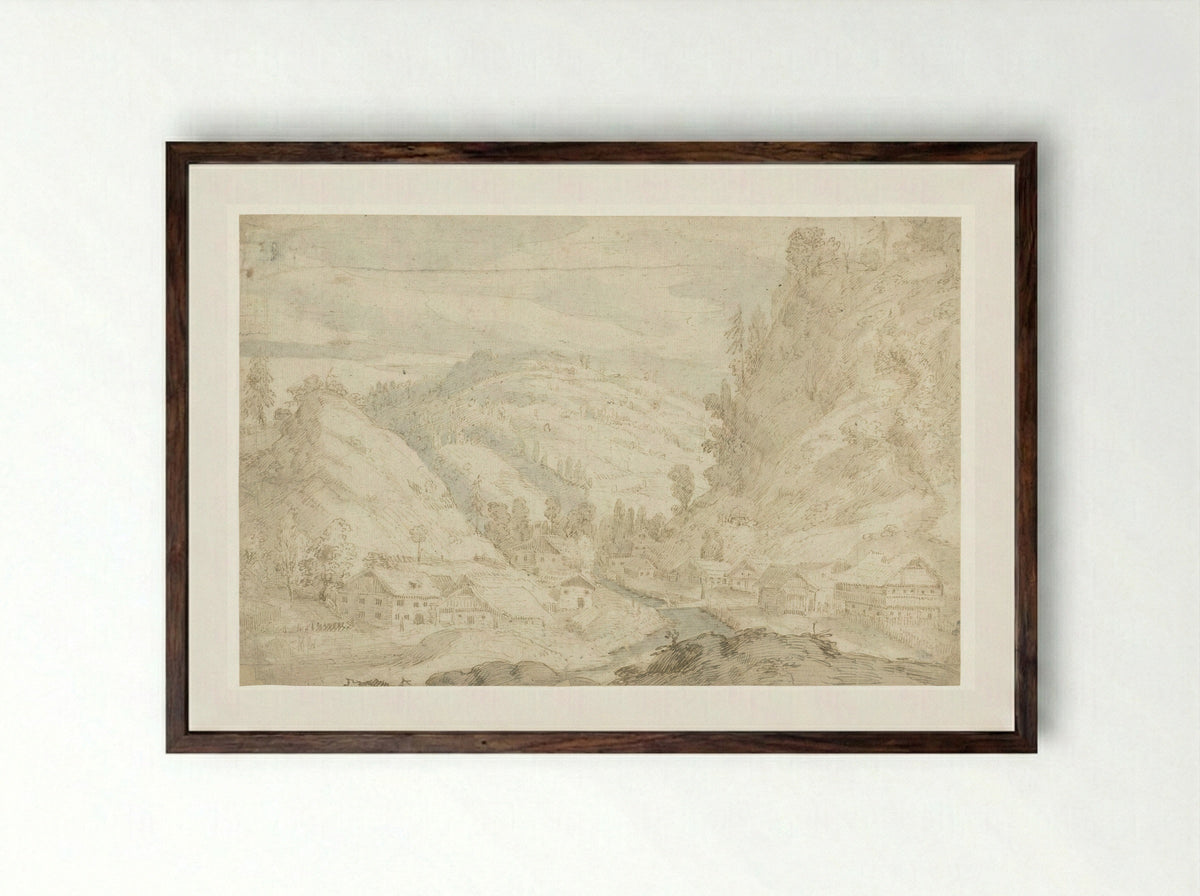 Gezicht op een dal met een dorp en een bergbeekje - Frederik van Valckenborch - Framed Print Dark Wood