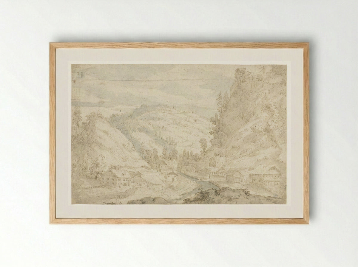 Gezicht op een dal met een dorp en een bergbeekje - Frederik van Valckenborch - Framed Print Wood