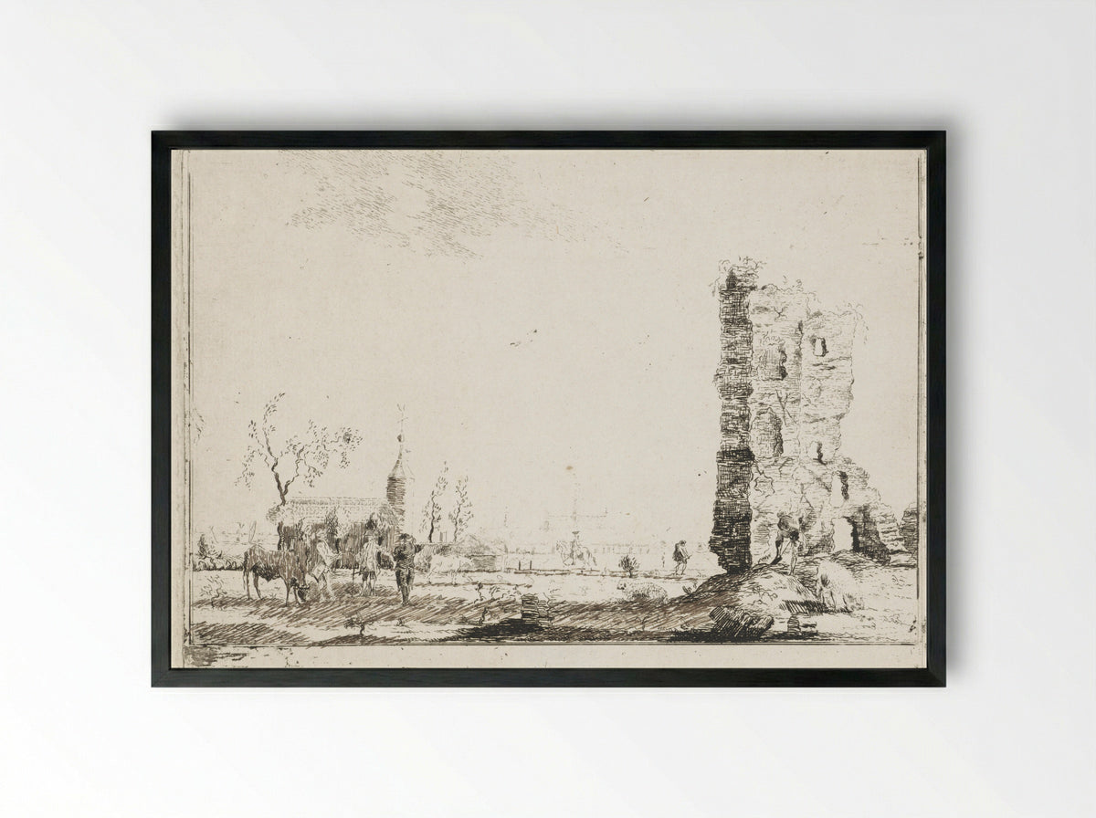 Gezicht op een dorp met op de voorgrond een ruïne - Willem Writs - Framed Print Black