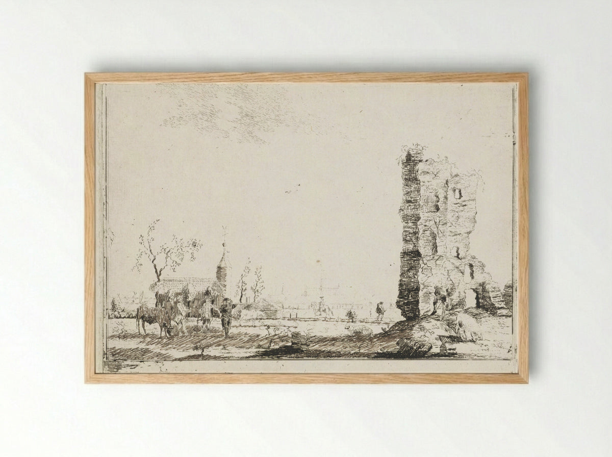 Gezicht op een dorp met op de voorgrond een ruïne - Willem Writs - Framed Print Wood