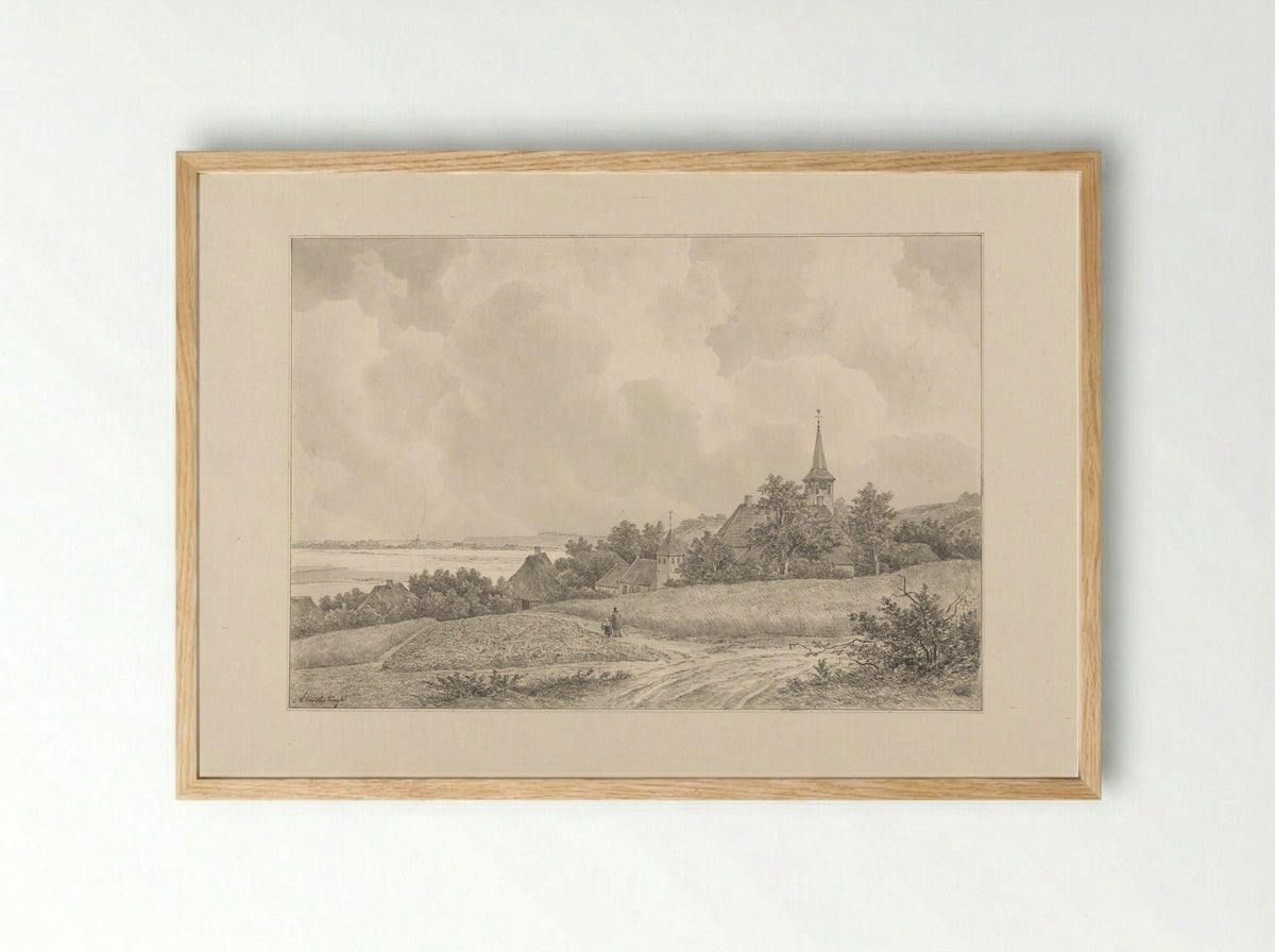 Gezicht op een dorp tegen een heuvel - Adrianus van der Koogh - Framed Print Wood