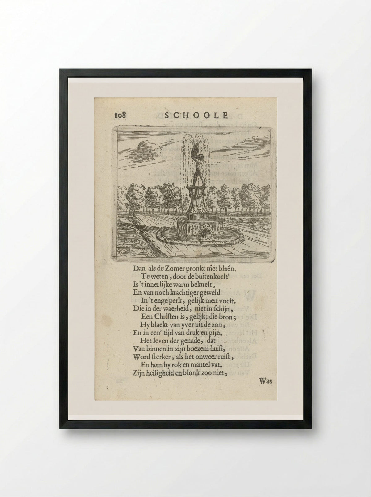 Gezicht op een fontein - Arnold Houbraken - Framed Print Black