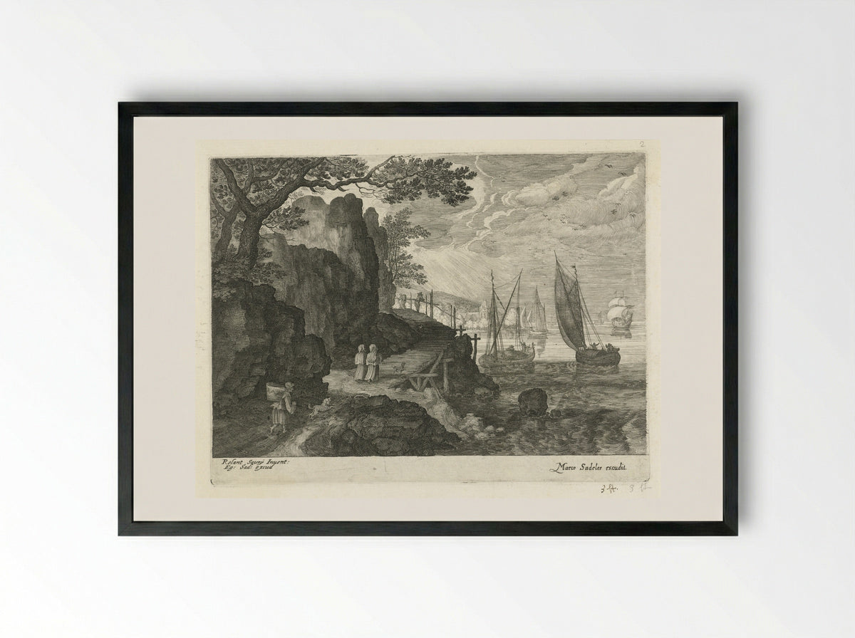 Gezicht op een haven (View of a Harbour) - Aegidius Sadeler (II) - Framed Print Black