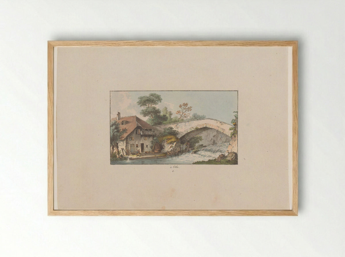 Gezicht op een huis bij een brug te Orbe - Heinrich Rieter - Framed Print Wood