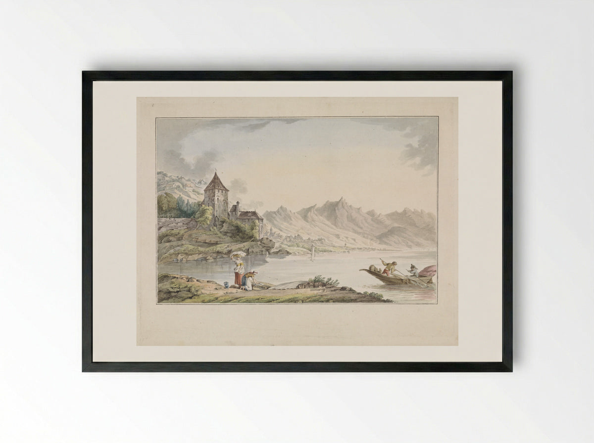 Gezicht op een kerk aan een meer te Zwitserland - Jan Gerard Waldorp - Framed Print Black