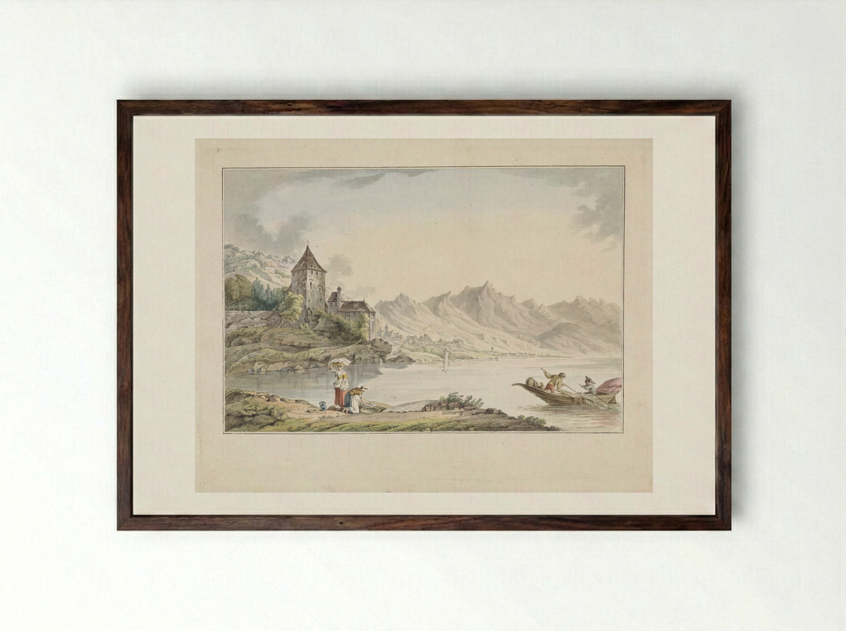 Gezicht op een kerk aan een meer te Zwitserland - Jan Gerard Waldorp - Framed Print Dark Wood