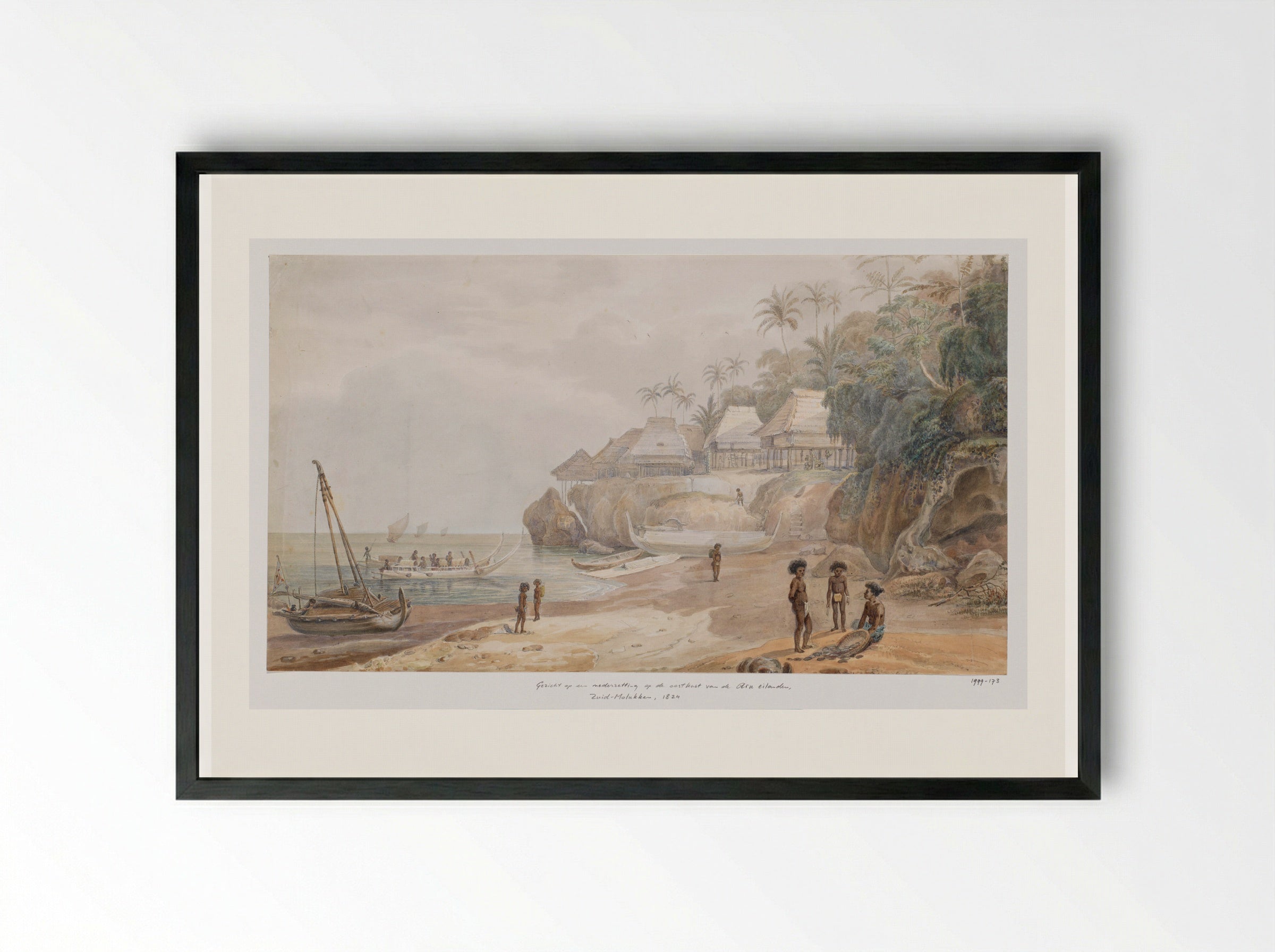 Gezicht op een nederzetting van de oostkust van Workai, Aru-eilanden, Zuidoost-Molukken - Adrianus Johannes Bik - Framed Print Black