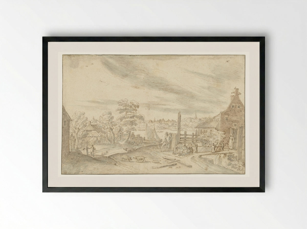 Gezicht op een rivier bij een veerhuis - Hendrick van Cleve III - Framed Print Black
