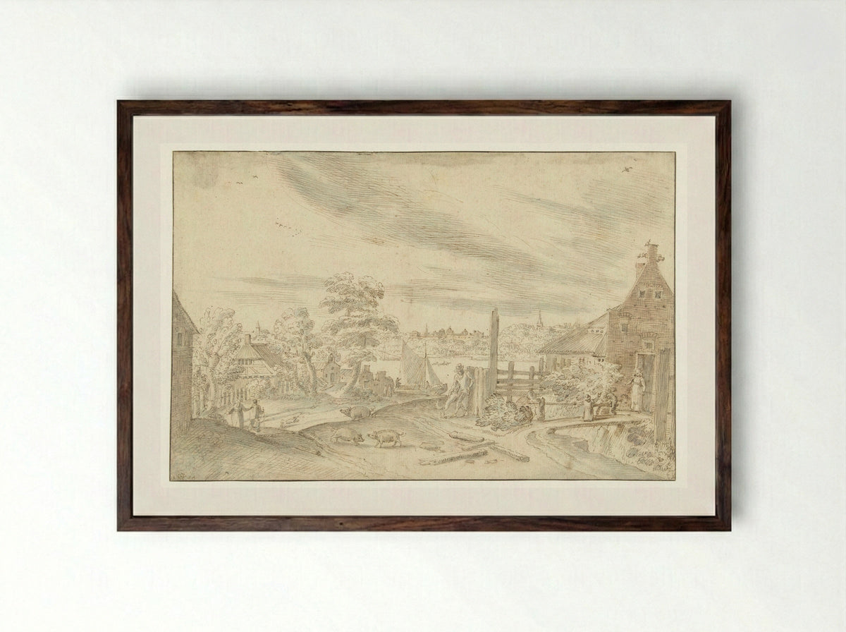 Gezicht op een rivier bij een veerhuis - Hendrick van Cleve III - Framed Print Dark Wood