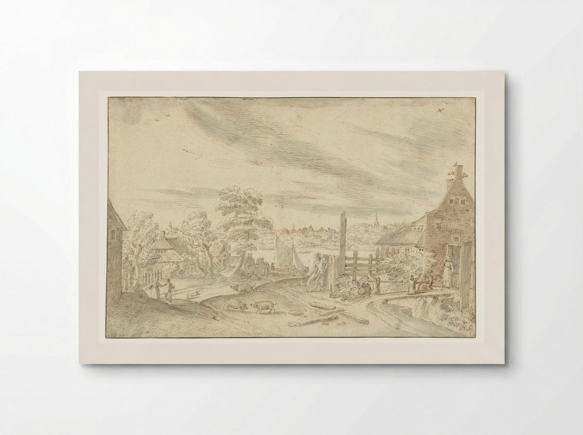 Gezicht op een rivier bij een veerhuis - Hendrick van Cleve III - Poster