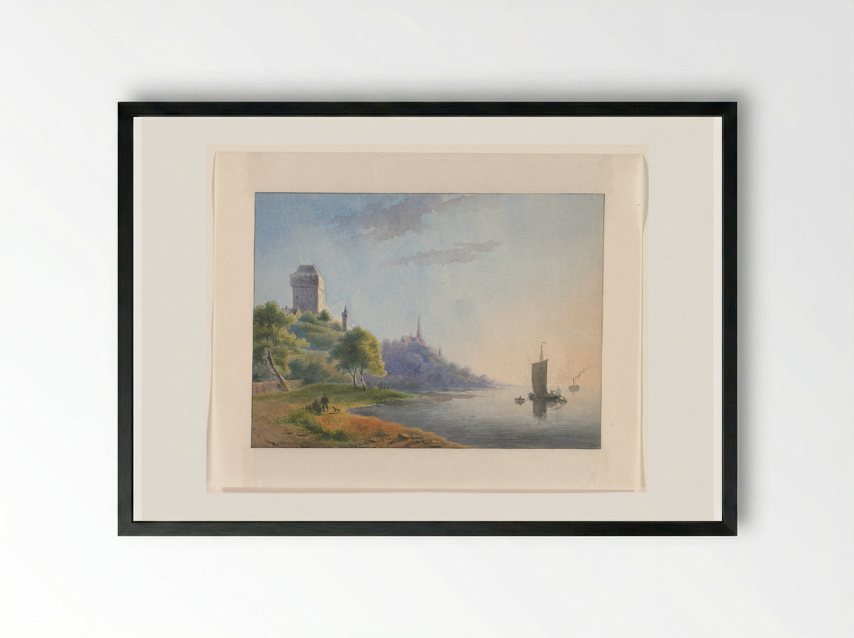 Gezicht op een rivieroever met toren en kerk - Johannes van Reijn - Framed Print Black
