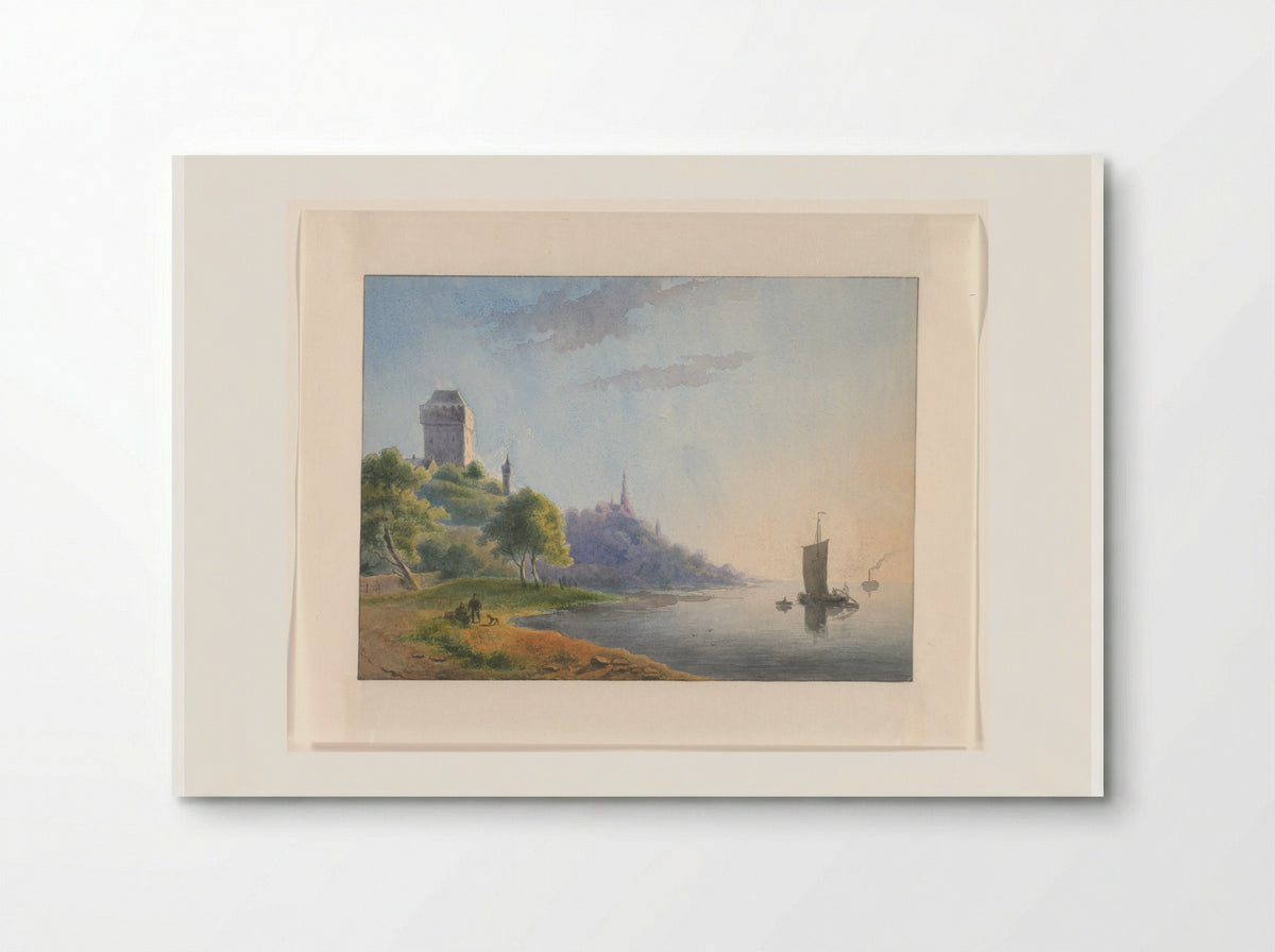 Gezicht op een rivieroever met toren en kerk - Johannes van Reijn - Poster