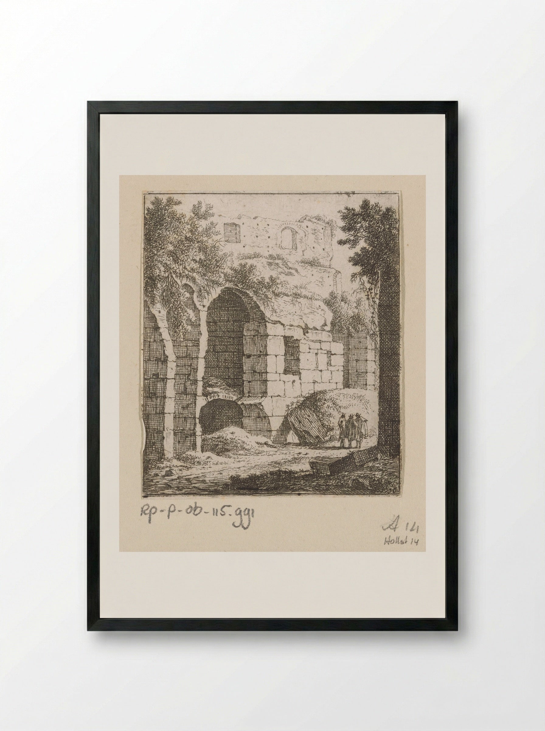 Gezicht op een ruïne met rechts drie mannen - Johann Franz Ermels - Framed Print Black