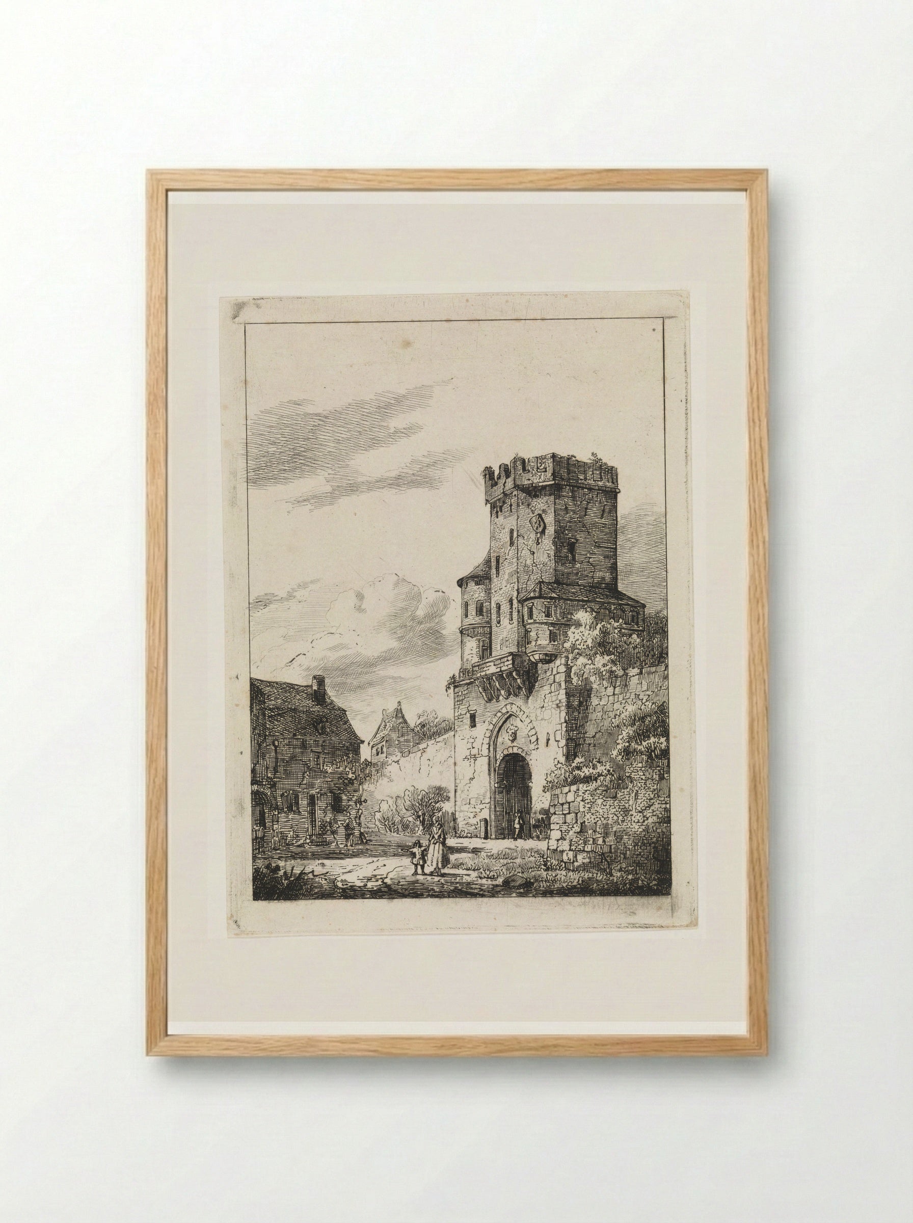 Gezicht op een stadspoort met toren - Cornelis Springer - Framed Print Wood