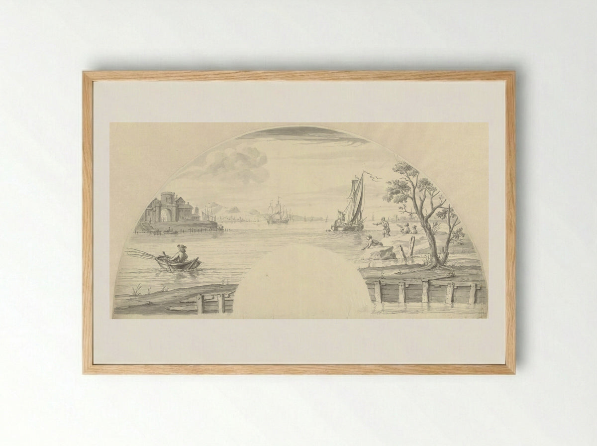 Gezicht op enkele boten op het water, een vissende man en een stadspoort - Pieter Idserts - Framed Print Wood