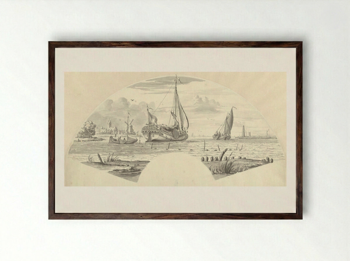 Gezicht op enkele boten op het water en een molen bij een kerk - Pieter Idserts - Framed Print Dark Wood