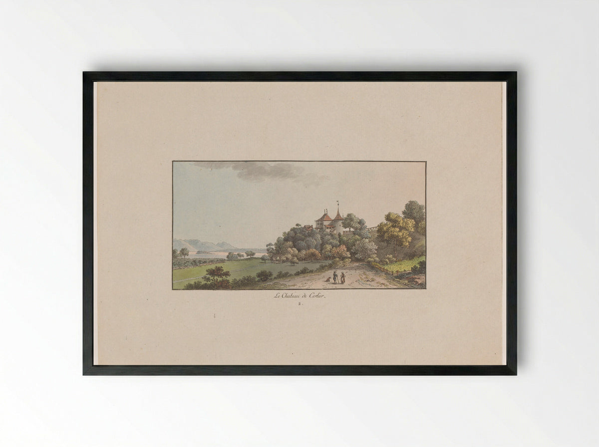 Gezicht op het Chateau de Cerlier te Erlach - Johann Ludwig Aberli - Framed Print Black