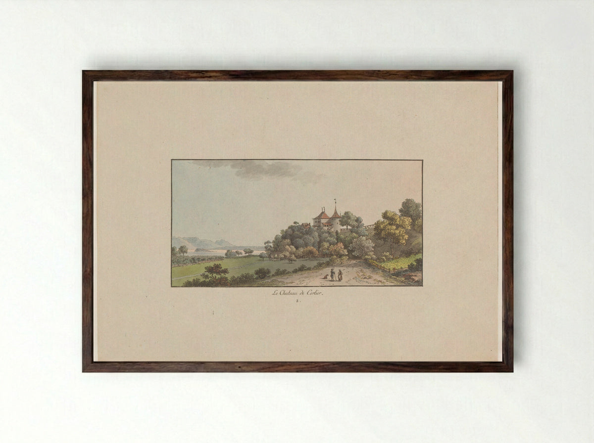 Gezicht op het Chateau de Cerlier te Erlach - Johann Ludwig Aberli - Framed Print Dark Wood