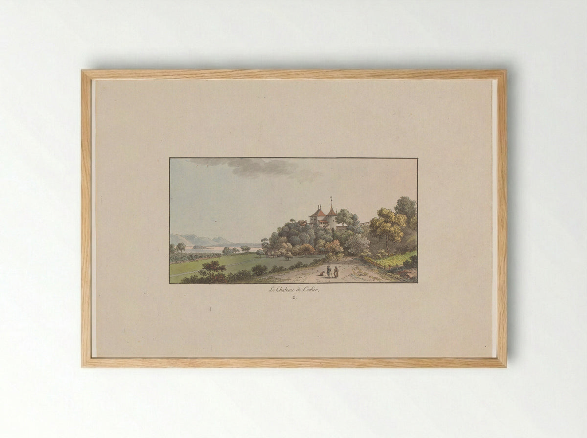 Gezicht op het Chateau de Cerlier te Erlach - Johann Ludwig Aberli - Framed Print Wood