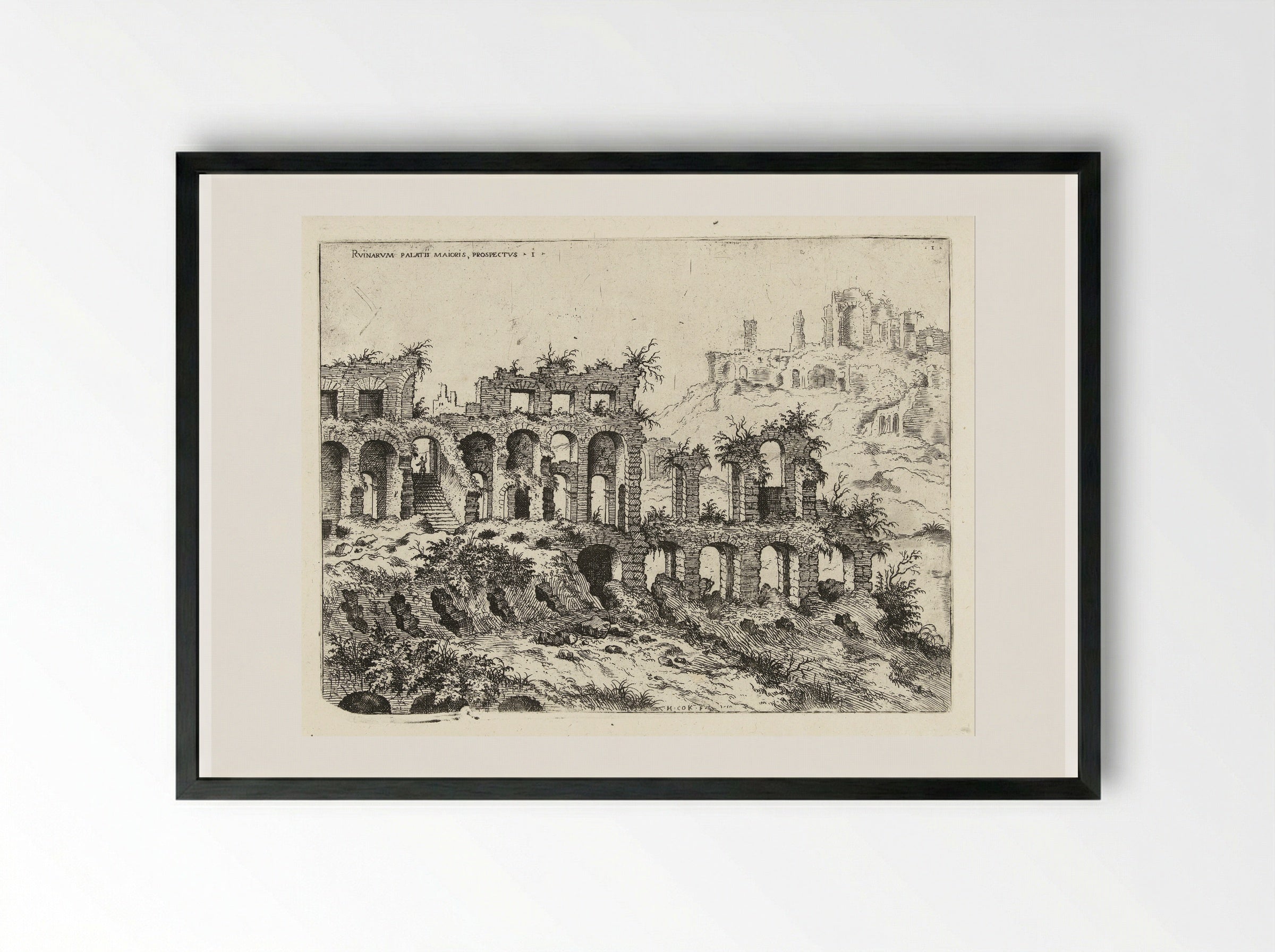 Gezicht op het Colosseum en de Palatijn - Hieronymus Cock - Framed Print Black