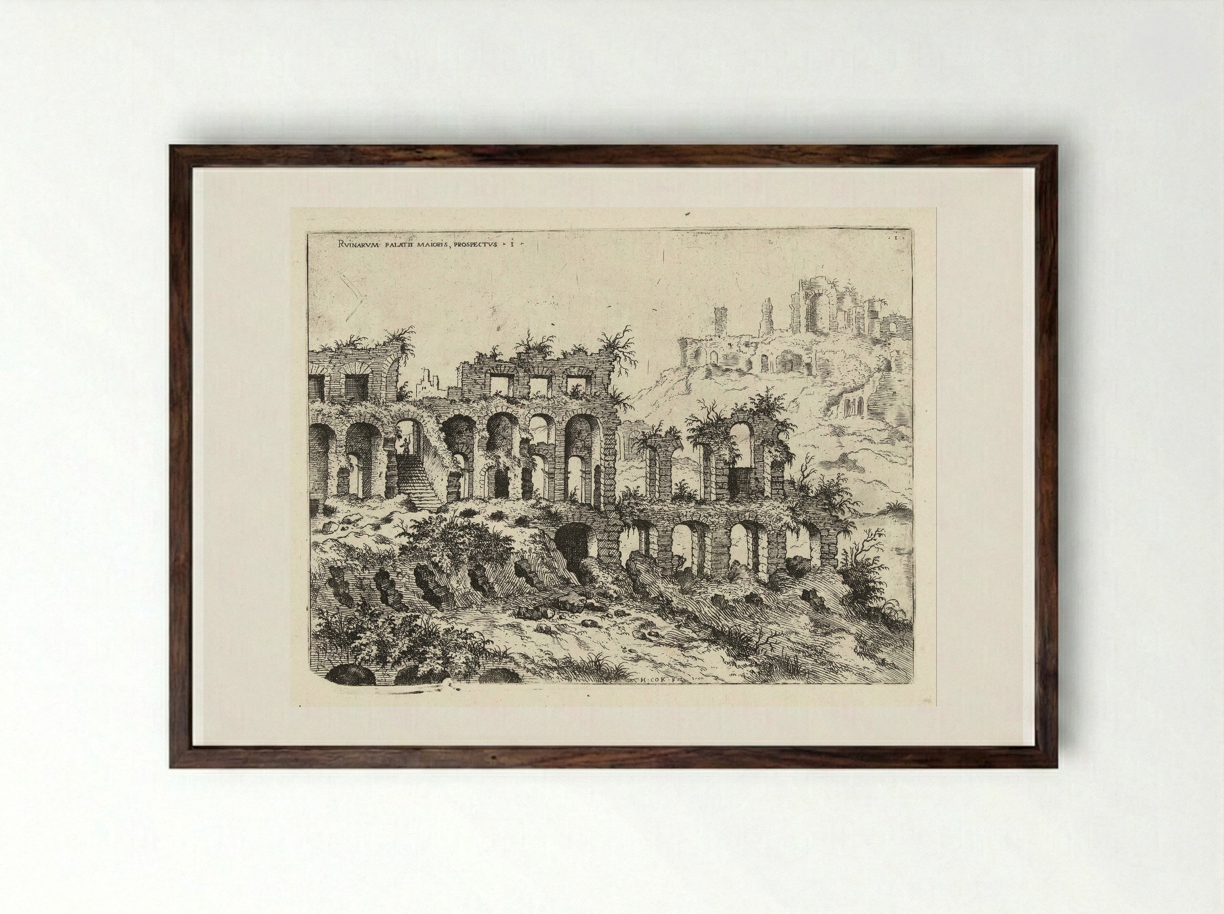 Gezicht op het Colosseum en de Palatijn - Hieronymus Cock - Framed Print Dark Wood