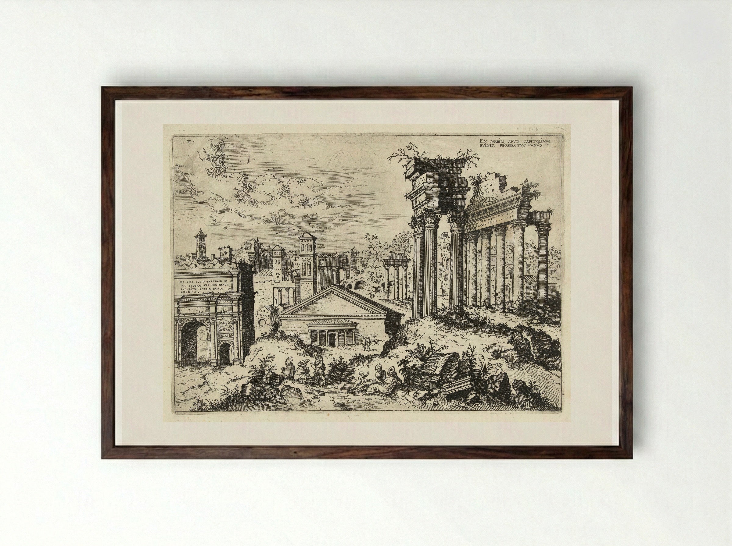 Gezicht op het Forum Romanum vanuit het Capitool - Hieronymus Cock - Framed Print Dark Wood