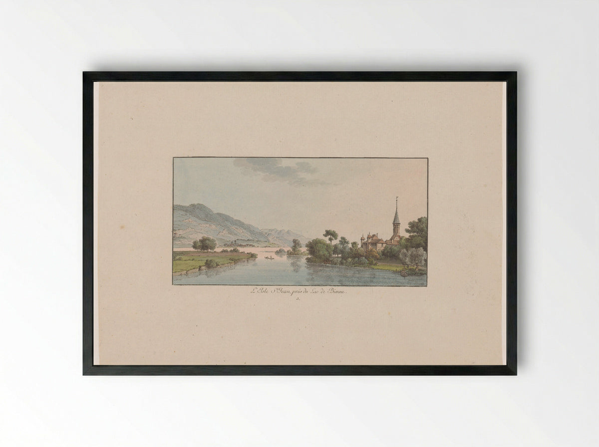 Gezicht op het Isle Saint-Jean in de Bielersee - Johann Ludwig Aberli - Framed Print Black