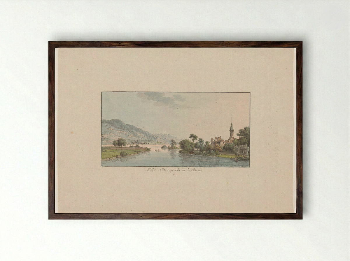 Gezicht op het Isle Saint-Jean in de Bielersee - Johann Ludwig Aberli - Framed Print Dark Wood