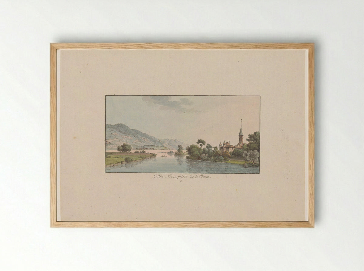 Gezicht op het Isle Saint-Jean in de Bielersee - Johann Ludwig Aberli - Framed Print Wood
