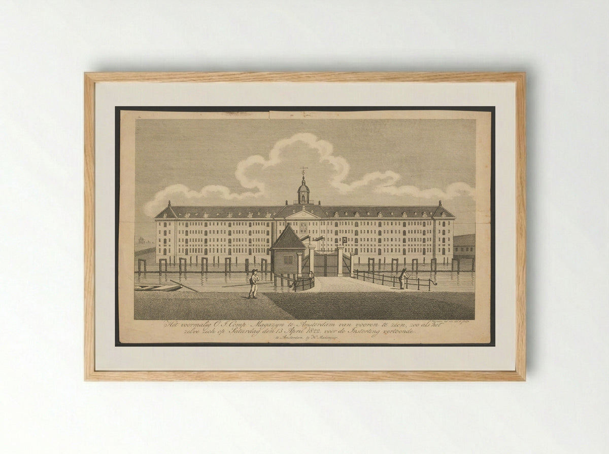 Gezicht op het Oost-Indisch Zeemagazijn te Amsterdam vóór de instorting - Jacobus Wijsman - Framed Print Wood