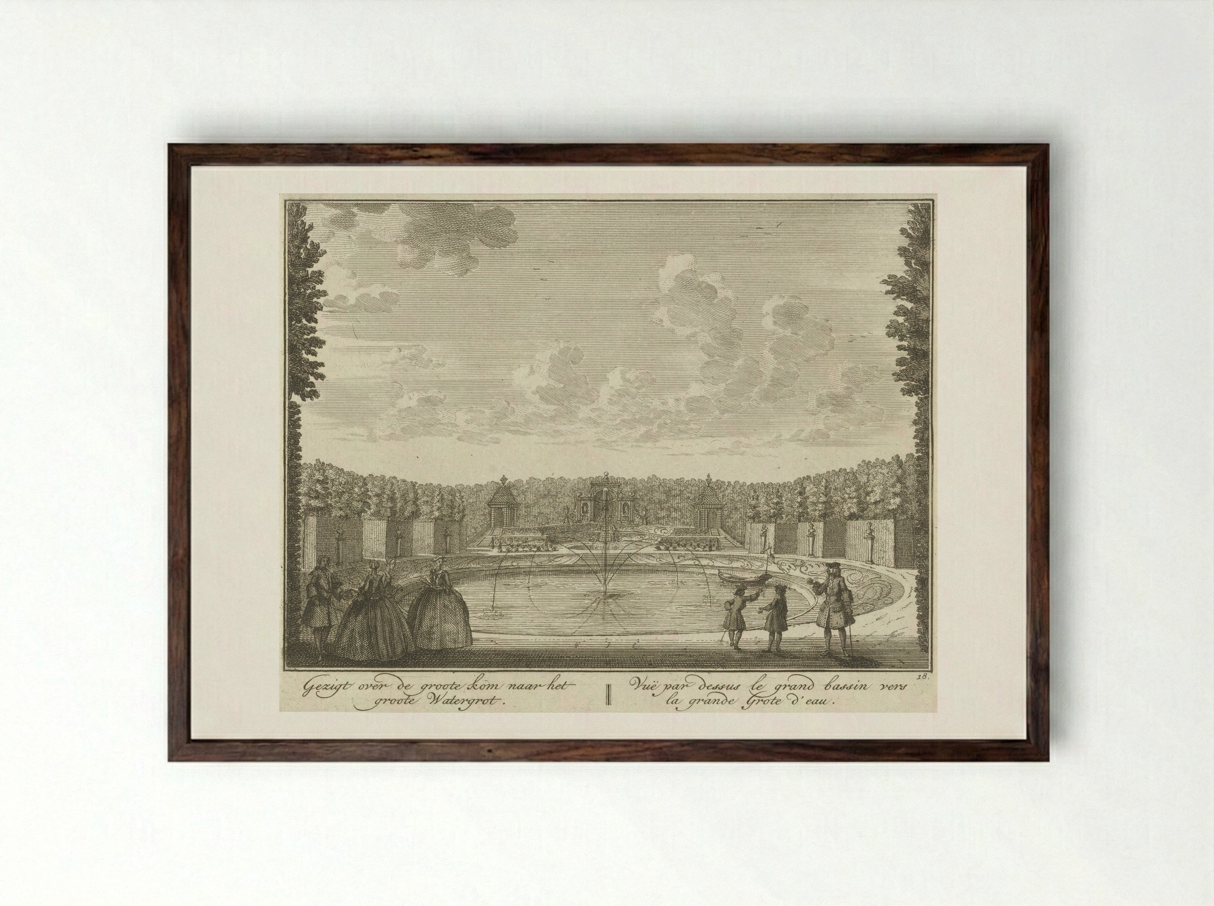 Gezicht op het bassin richting de watergrot in de tuin van Huis ter Meer te Maarssen - Hendrik de Leth - Framed Print Dark Wood