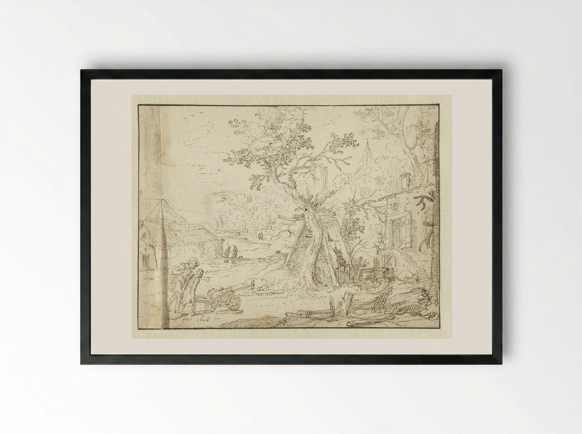 Gezicht op het erf van een boerderij - Jan Symonsz. Pynas - Framed Print Black