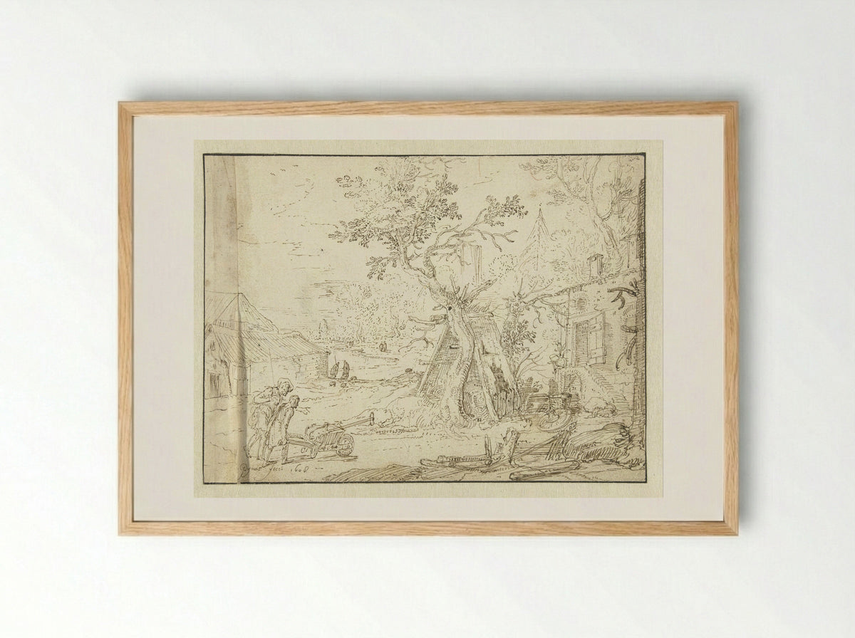 Gezicht op het erf van een boerderij - Jan Symonsz. Pynas - Framed Print Wood