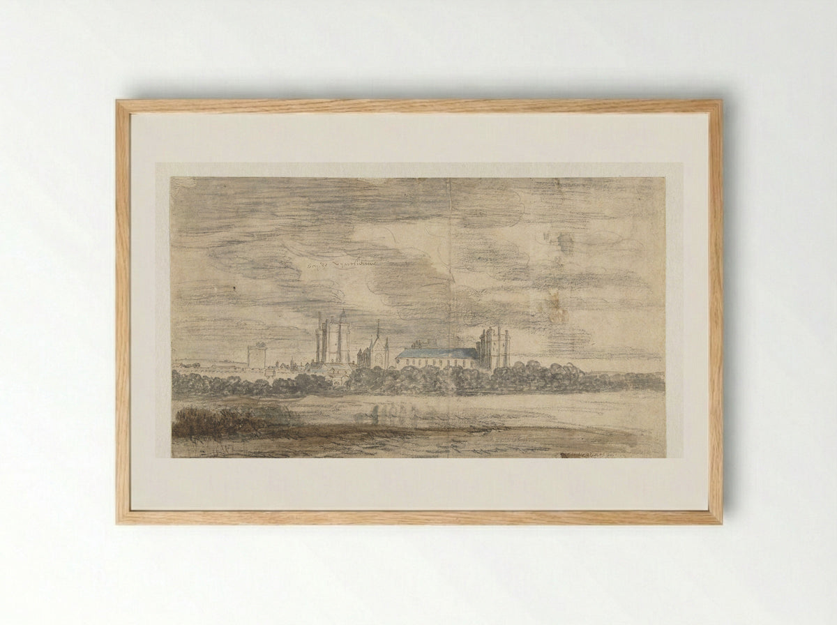Gezicht op het kasteel van Vincennes, achter een rij bomen - Abraham de Verwer - Framed Print Wood