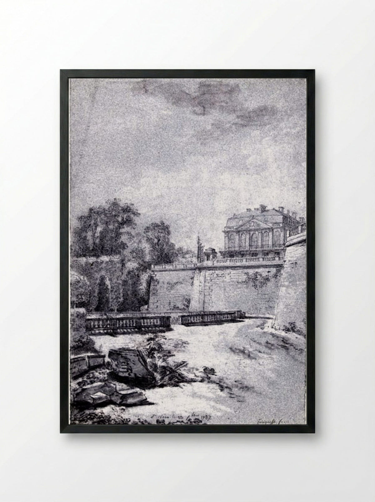 Gezicht op het park en een vleugel van kasteel Saint-Cloud - Louis Rolland Trinquesse - Framed Print Black