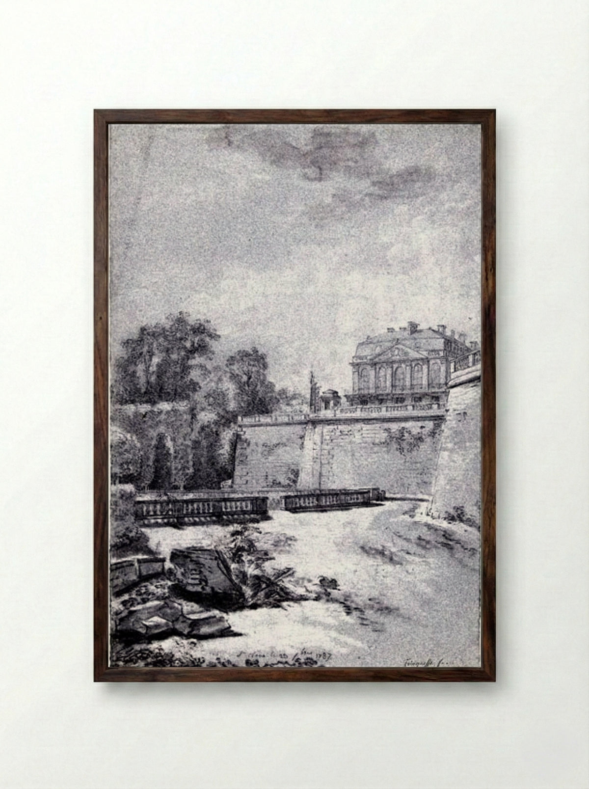 Gezicht op het park en een vleugel van kasteel Saint-Cloud - Louis Rolland Trinquesse - Framed Print Dark Wood