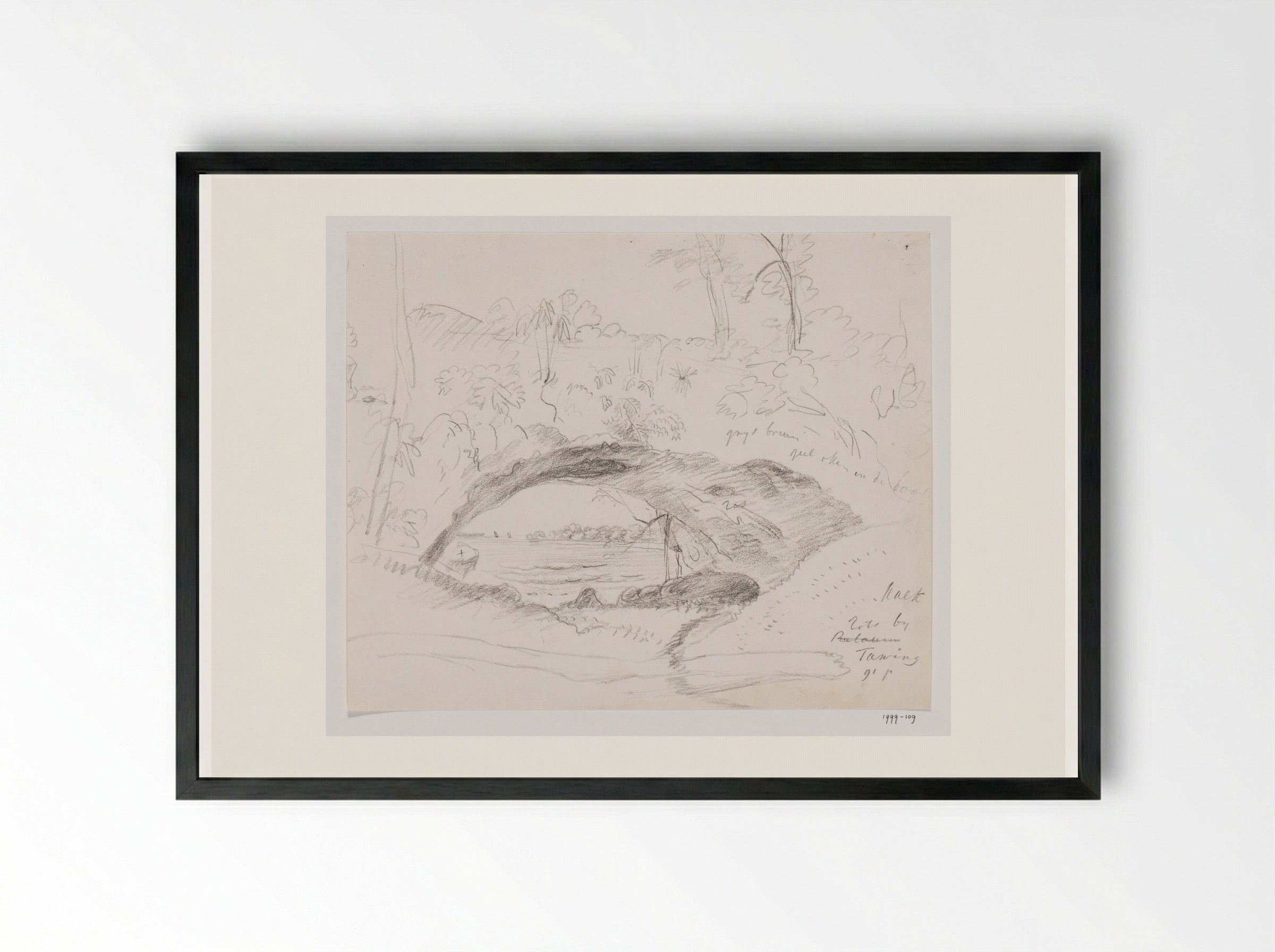 Gezicht op kalkrots bedekt met vegetatie met doorkijk naar de zee - Adrianus Johannes Bik - Framed Print Black