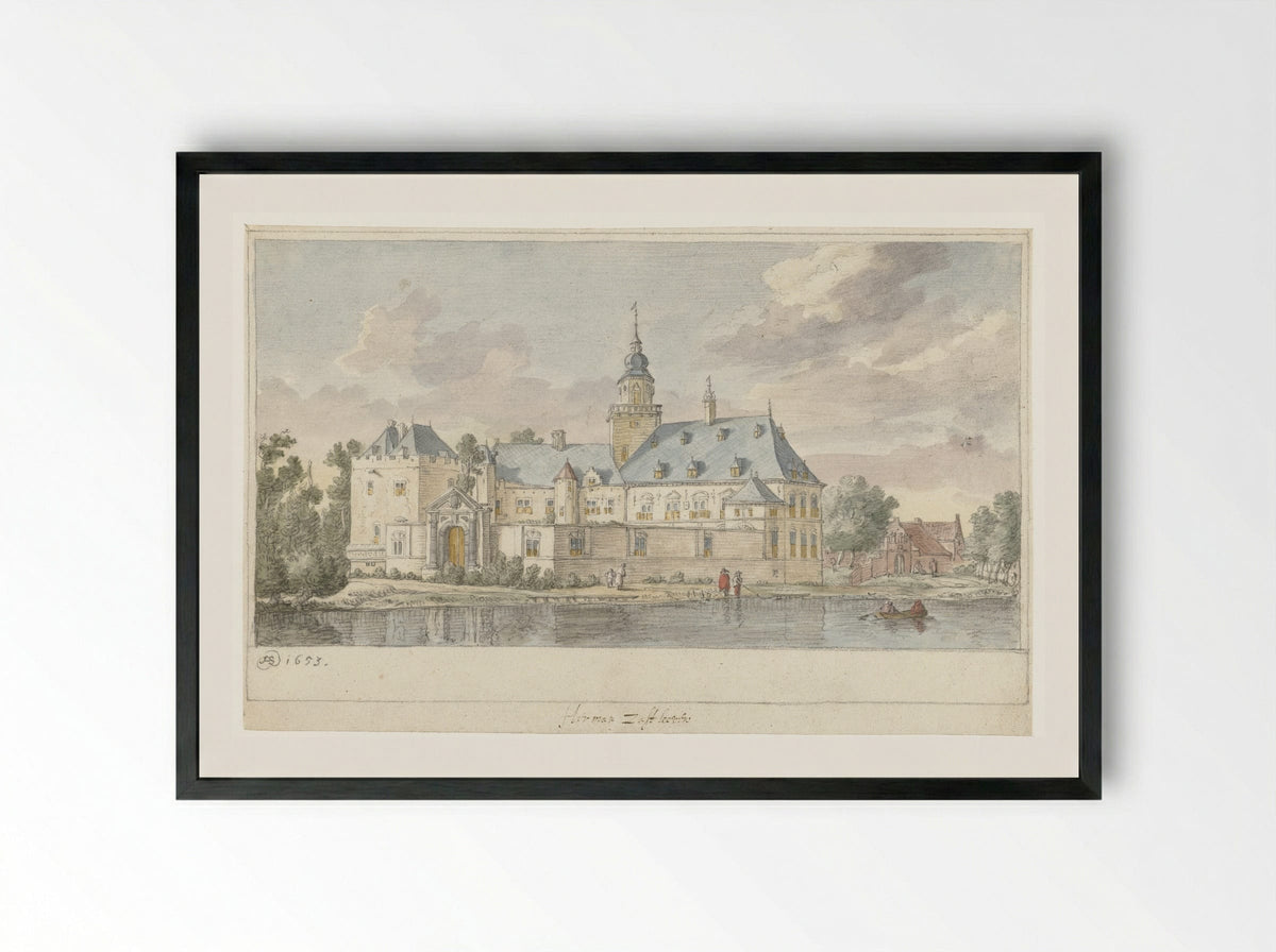 Gezicht op kasteel Nijenrode - Herman Saftleven - Framed Print Black
