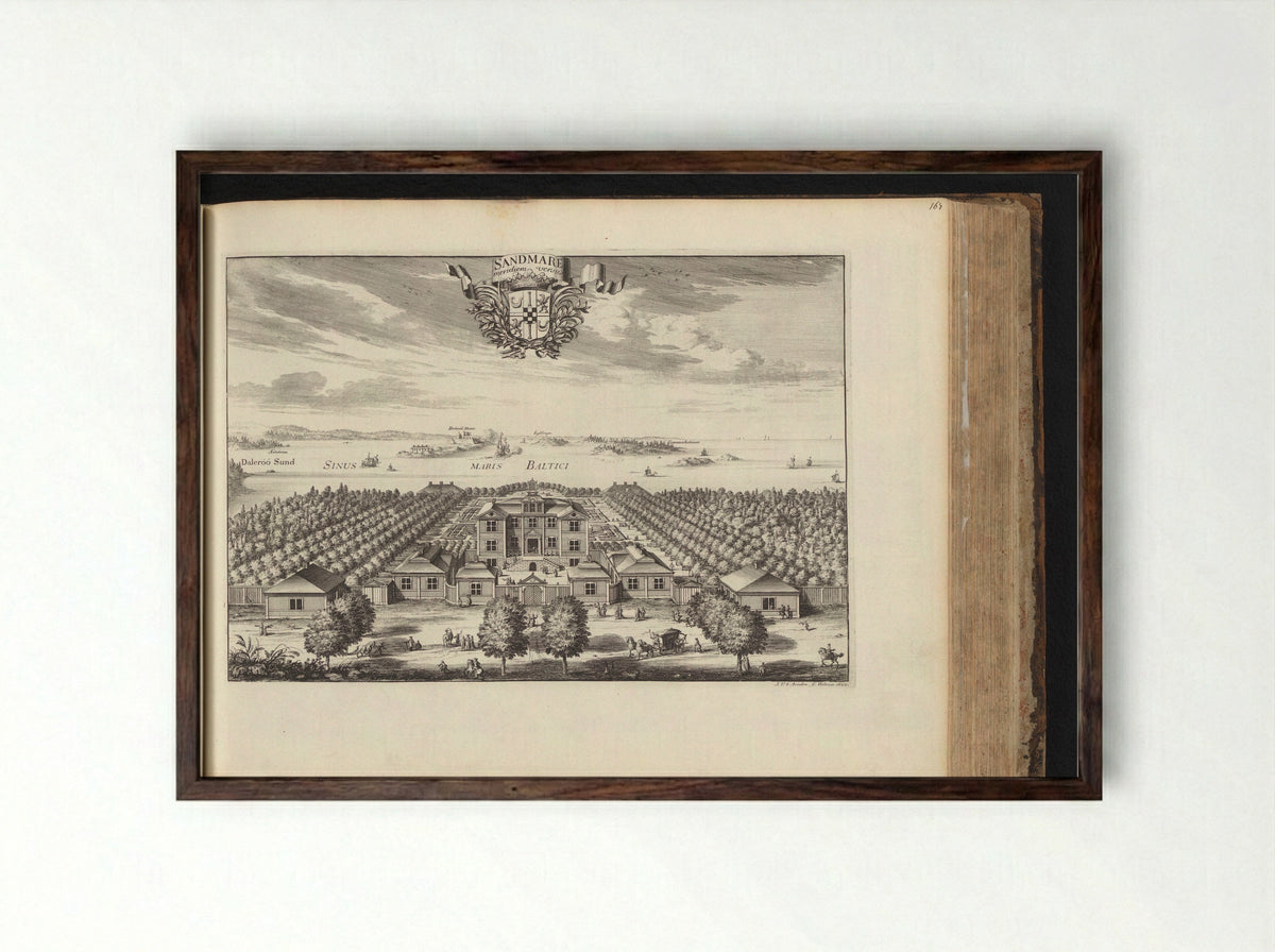 Gezicht op slot Sandemar, vanuit het zuiden - Erik Jönsson Dahlbergh - Framed Print Dark Wood