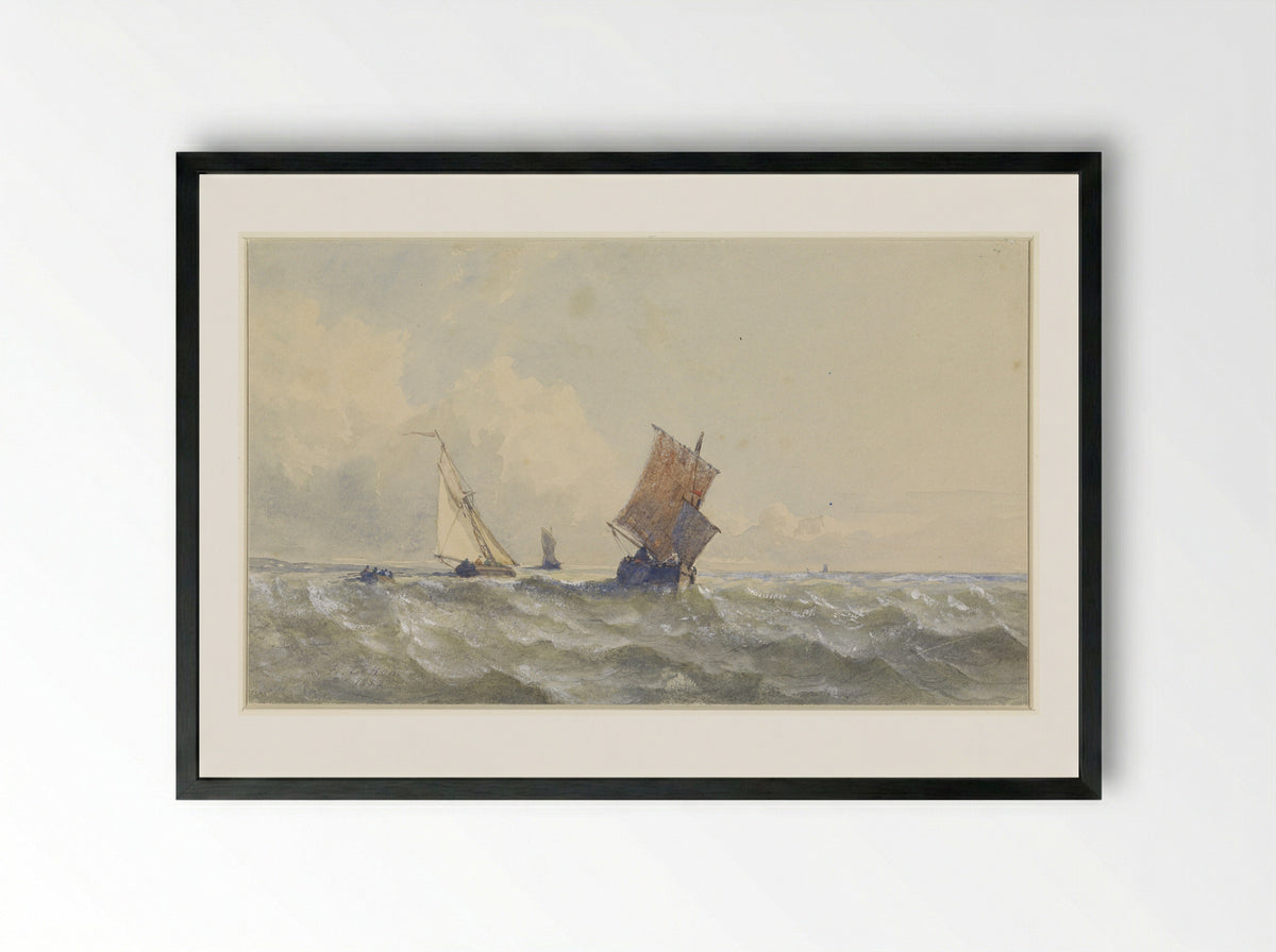 Gezicht op volle zee, waarop drie zeilschepen - Henri Le Hon - Framed Print Black